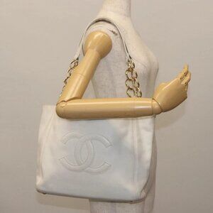 CHANEL Tote Bag Grained Calf Skin White Gold CC Auth BA6361